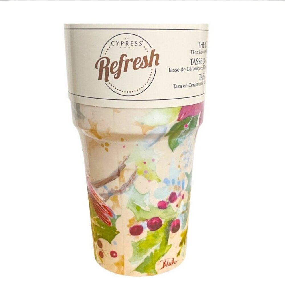 Cypress 13oz Dbl Wall Ceramic Companion Cup Tristan Lid Cardinal & Chickadee